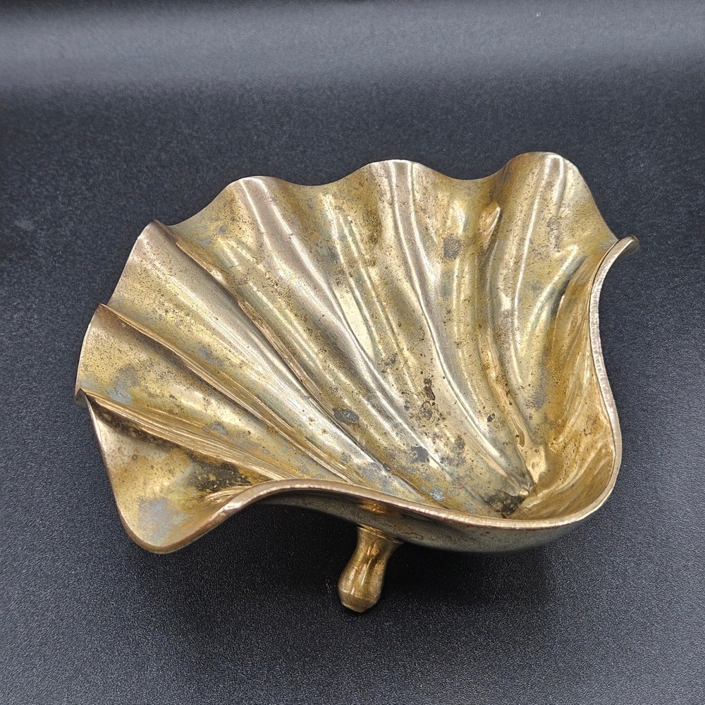 Vintage Brass Scalloped Shell Footed Bowl Catchall Nautical Coastal Decor 5.5"